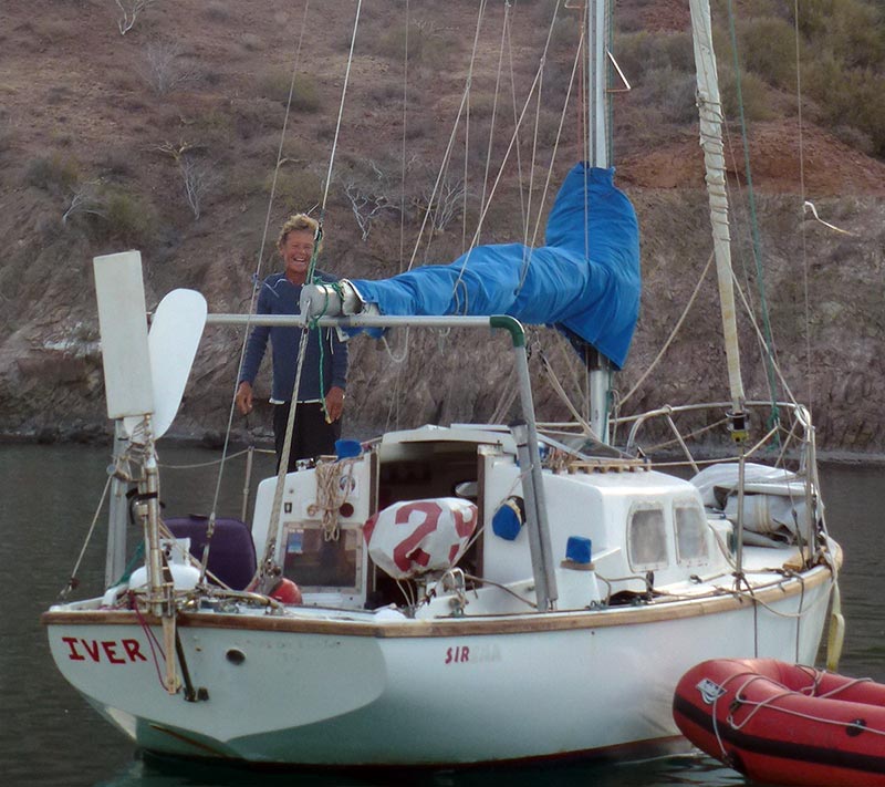 Mary on boat with dinghy