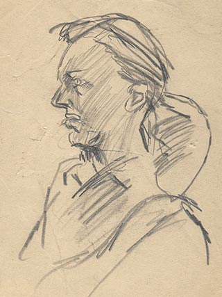 Nancy James in the 1950s, pencil drawing on paper towel