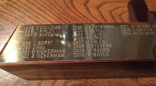 Trophy stand engraved with annual winners of the Leo Geary Trophy
