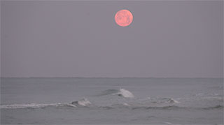 Full moon about to set over water at dawn on 3/20/2019 
