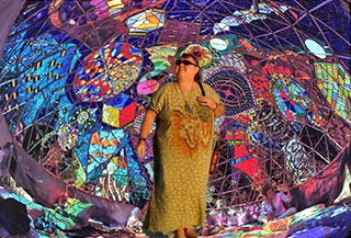 Eda Busby virtually pasted into Wholeo Dome on the occasion of the first panel restored at The Farm, Oct. 24, 2017