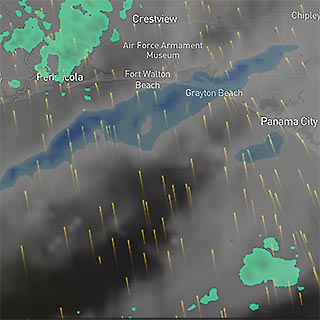 Local weather forecast for 1PM CST with wind and clouds