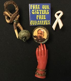 FREE OUR SISTERS, FREE OURSELVES pin, prehistoric bead, MLK pin, end breast cancer pin