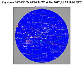 Sky chart showing Sirius on the horizon rising during sunrise meditation on 2017-07-25