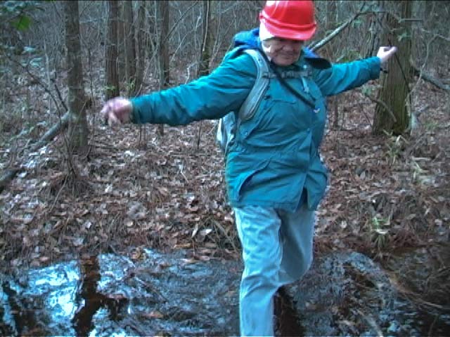 Caroling crossing a creek