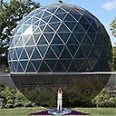 Wholeo Fuller Yoga Mat visualized in use at Fuller Dome, outdoors cutaway view, 2018-10-31