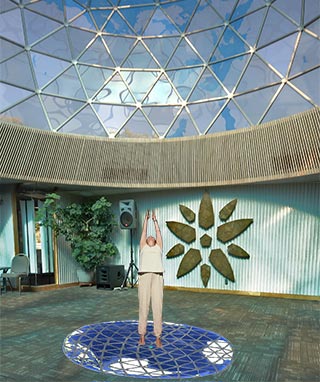 Imagining doing yoga on a mat with the geometry and imagery completing the dome and map sphere underfoot. The entrance aligned with the 90th longitude is to the left, looking north.