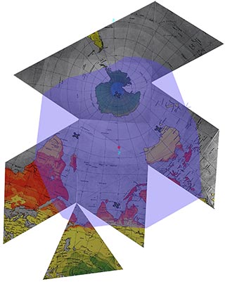 Triangles of the Dymaxion Map that encircle the nadir of the Fuller Dome. The bottom of the dome is a rough circle colored in light blue. The nadir is a red dot. 