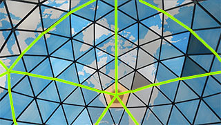 Dymaxion Map Differences - Fuller Dome is a new icosahedral mapping. Green lines indicate the top of the dome is a vertex of the icosahedron, where the triangles meet