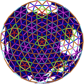 Color-coded struts of Wholeo Dome frame over nadir on the other side of earth, as visualized in Google Earth Pro